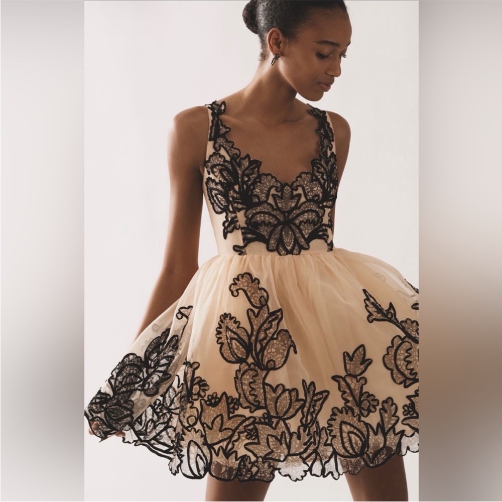 MAEVE SLEEVELESS V-NECK LACE FIT & FLARE MINI DRESS